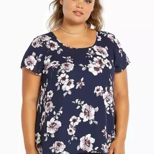 NWOT Torrid‎ Floral Print Georgette Pleated Back Blouse Plus Size 3 Navy